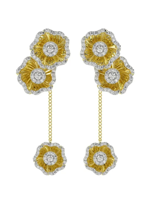 Halo Flower Yellow Gold Drop Earrings