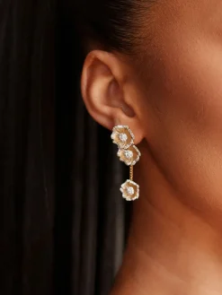 Halo Flower Yellow Gold Drop Earrings