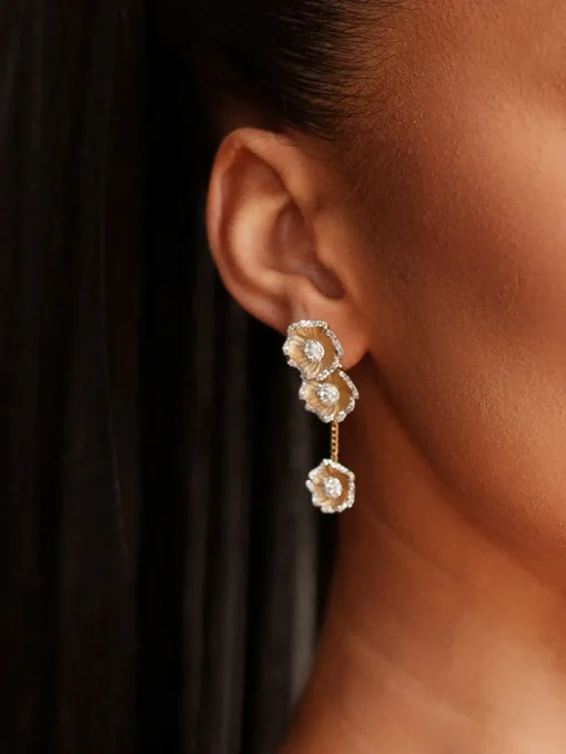Halo Flower Yellow Gold Drop Earrings