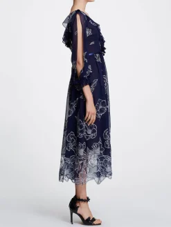 Long Sleeve Floral Tulle Chiffon Gown