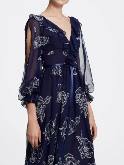 Long Sleeve Floral Tulle Chiffon Gown