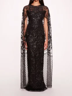 Sequin Lattice Cape Gown