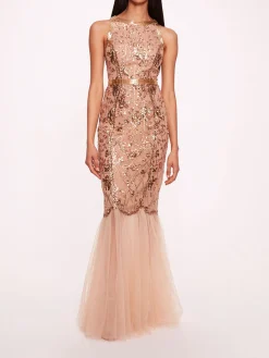 Sequin Lattice Strapless Gown