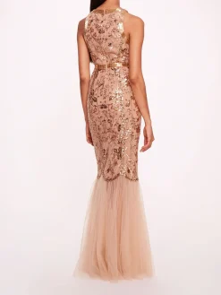 Sequin Lattice Strapless Gown