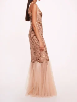 Sequin Lattice Strapless Gown