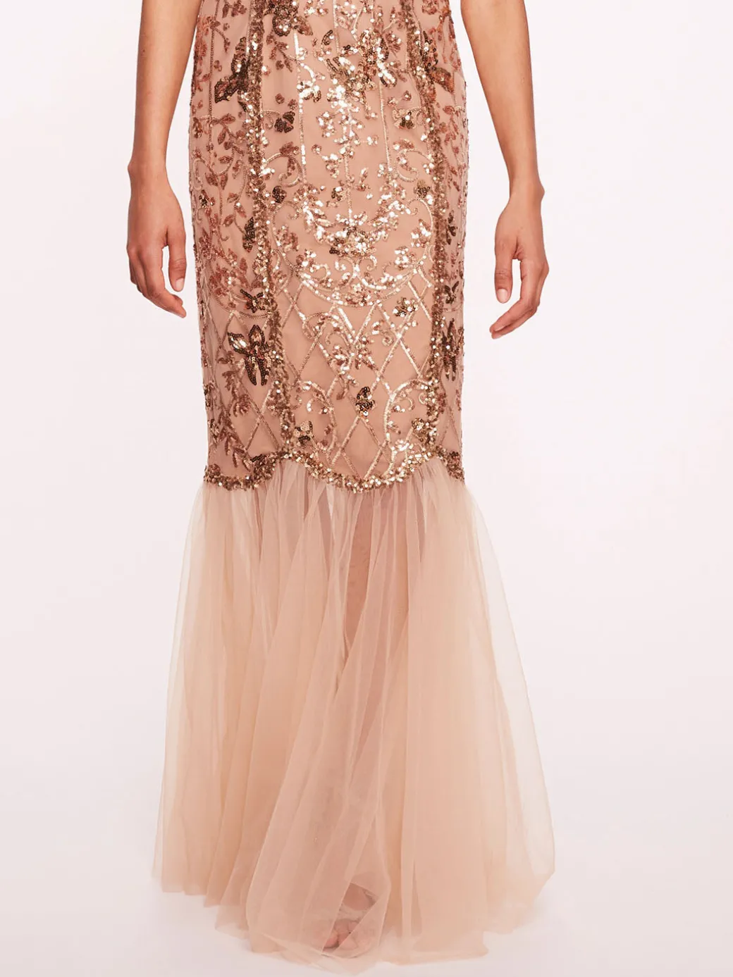 Sequin Lattice Strapless Gown