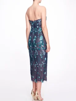 Strapless Embroidered Tea Length Gown