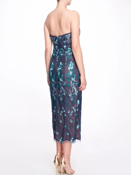 Strapless Embroidered Tea Length Gown